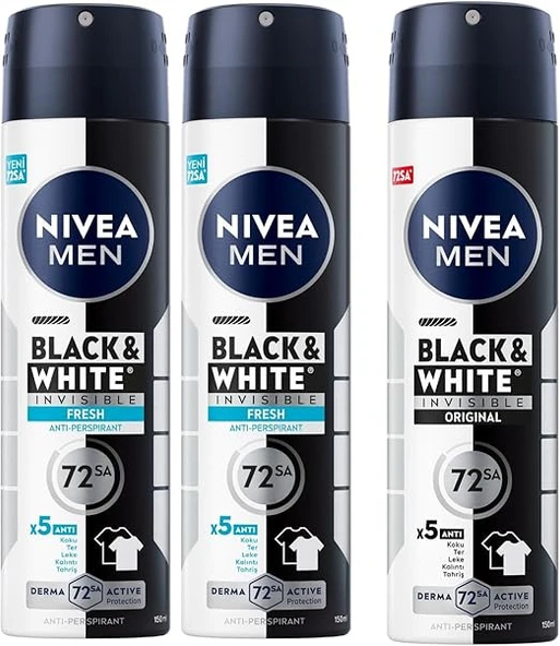 NIVEA Men Erkek Sprey Deodorant Black& White Invisible Fresh 150 ml X2 + NIVEA Men Erkek Sprey Deodorant Black & White Invisible Original 150 ml ürün görseli 1