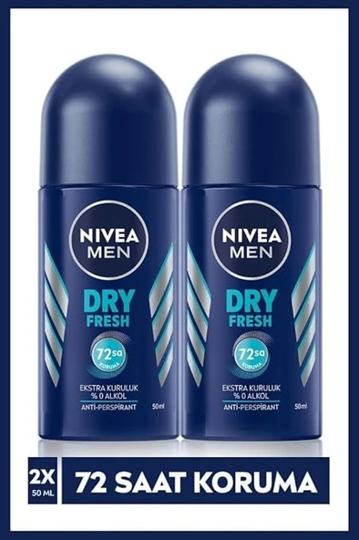 NIVEA MEN Erkek Roll on Deodorant Dry Fresh 72 Saat Anti-perspirant Koruma,Ekstra Kuruluk,50ml X2 Adet