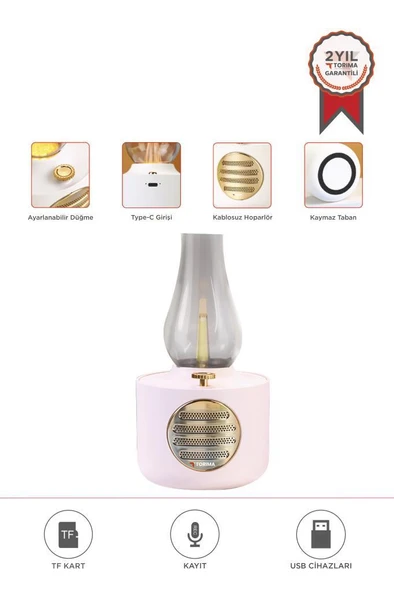 Torima D53 Pembe Vintage Gaz Lambası Taşınabilir Bluetooth Speaker Ayarlanabilir Işıklı USB Şarjlı - Resim 2