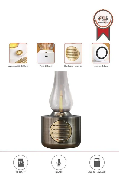 Torima D53 Nikel Vintage Gaz Lambası Taşınabilir Bluetooth Speaker Ayarlanabilir Işıklı USB Şarjlı - 1
