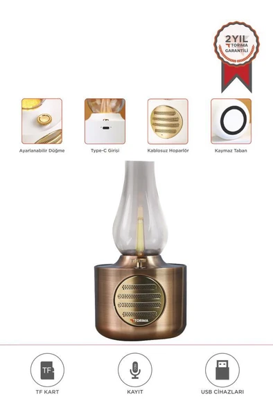 Torima D53 Bakır Vintage Gaz Lambası Taşınabilir Bluetooth Speaker Ayarlanabilir Işıklı USB Şarjlı - 1