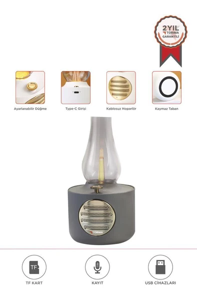Torima D53 Gri Vintage Gaz Lambası Taşınabilir Bluetooth Speaker Ayarlanabilir Işıklı USB Şarjlı ürün görseli