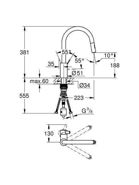 Grohe Eviye Bataryası Spiralli 2 Fonk. Eurocosmo Krom- 31481001 - Resim 2