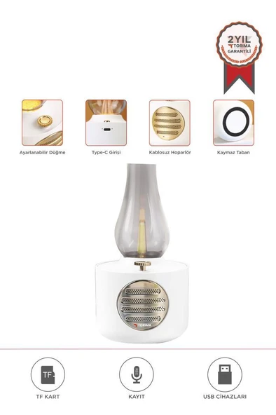 Torima D53 Beyaz Vintage Gaz Lambası Taşınabilir Bluetooth Speaker Ayarlanabilir Işıklı USB Şarjlı ürün görseli