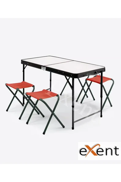 Exent Katlanır KADEMELİ Tabureli Çantalı Masa, Piknik Kamp Masası Seti-4 Tabureli