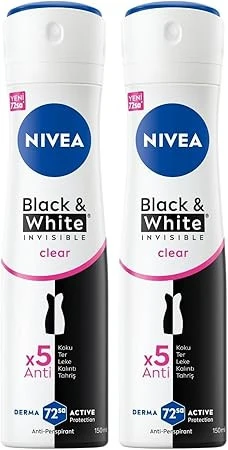 NIVEA Kadın Sprey Deodorant Black&White Invisible Clear 150 ml, Ter ve Ter Kokusuna Karşı 72 Saat Anti-perspirant Koruma,Çiçeksi Koku,x2 Adet