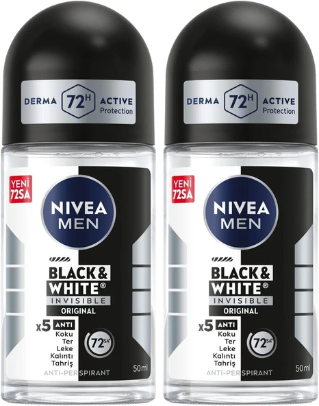 NIVEA MEN Erkek Roll on Deodorant Black&White Invisible Original 50 ml,Ter ve Ter Kokusuna Karşı 72 Saat Anti-perspirant Koruma,x2 Adet