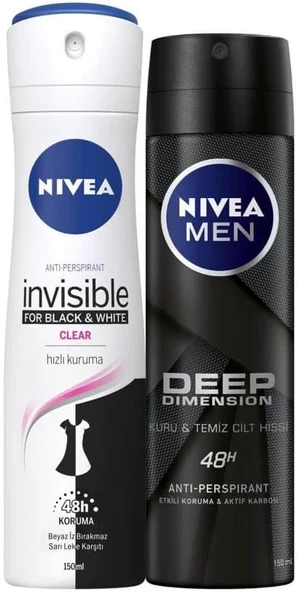Nivea Black&White Clear Bayan Deosprey 150 Ml+Deep Dimension Erkek Deosprey 150 Ml 2'Li Paket ürün görseli