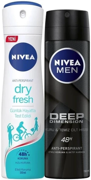 Nivea Dry Fresh Bayan Deosprey 150 Ml+Deep Dimension Erkek Deosprey 150 Ml 2'Li Paket ürün görseli