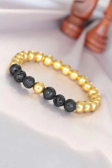 CEYLAN ADAM Lav Doğal Taş Detaylı Hematit Gold Renk Erkek Bileklik