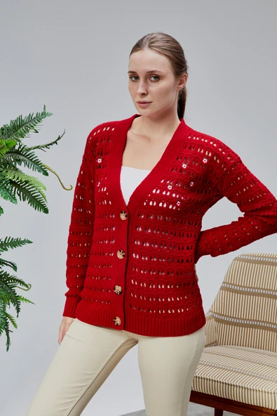 Lugmo Kadın Triko Hırka Çiçek Nakışlı Delikli Standart Beden Kırmızı - 3