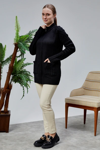 Lugmo Kadın Triko Hırka Fermuarlı Cepli Standart Beden Siyah - 8