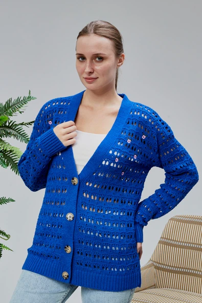 Lugmo Kadın Triko Hırka Çiçek Nakışlı Delikli Standart Beden Saks Mavi - Resim 3