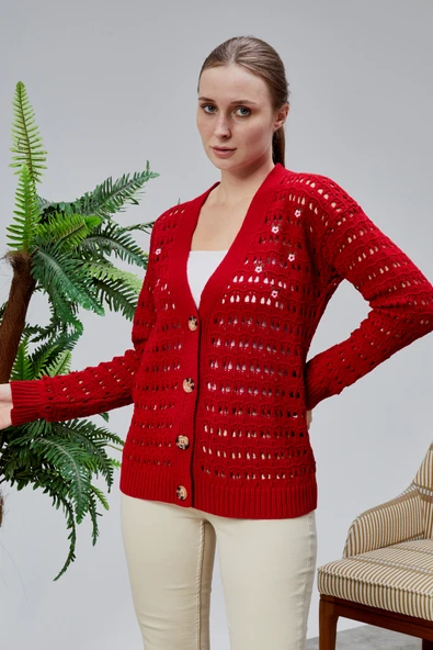 Lugmo Kadın Triko Hırka Çiçek Nakışlı Delikli Standart Beden Kırmızı - 4