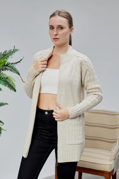 Lugmo Kadın Triko Hırka Fermuarlı Cepli Standart Beden Ten Rengi - Resim 2