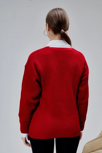 Lugmo Kadın Triko Hırka Çiçek Nakışlı Standart Beden Kırmızı - Resim 3