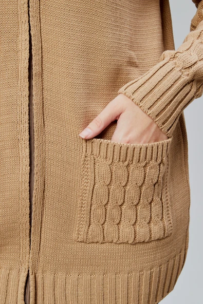 Lugmo Kadın Triko Hırka Fermuarlı Cepli Standart Beden Vizon - Resim 8