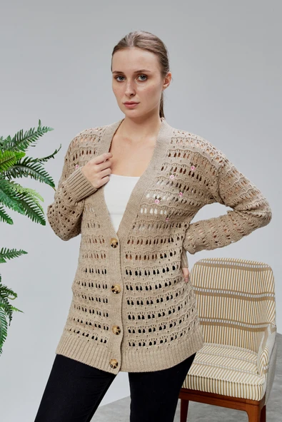 Lugmo Kadın Triko Hırka Çiçek Nakışlı Delikli Standart Beden Vizon ürün görseli