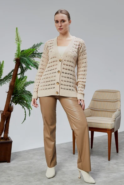 Lugmo Kadın Triko Hırka Çiçek Nakışlı Delikli Standart Beden Ten Rengi - Resim 6