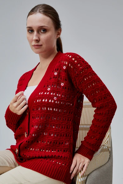 Lugmo Kadın Triko Hırka Çiçek Nakışlı Delikli Standart Beden Kırmızı - 2