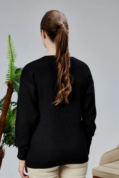 Lugmo Kadın Triko Hırka Çiçek Nakışlı Standart Beden Siyah - Resim 8