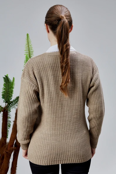 Lugmo Kadın Triko Hırka Çiçek Nakışlı Standart Beden Vizon - Resim 3