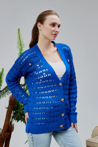 Lugmo Kadın Triko Hırka Çiçek Nakışlı Delikli Standart Beden Saks Mavi - Resim 14