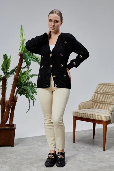 Lugmo Kadın Triko Hırka Çiçek Nakışlı Standart Beden Siyah - Resim 5