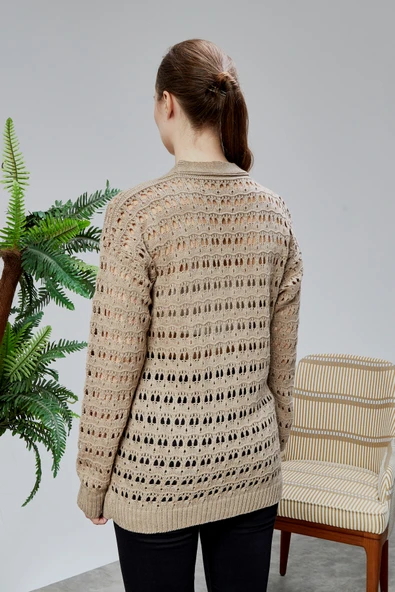 Lugmo Kadın Triko Hırka Çiçek Nakışlı Delikli Standart Beden Vizon - Resim 12