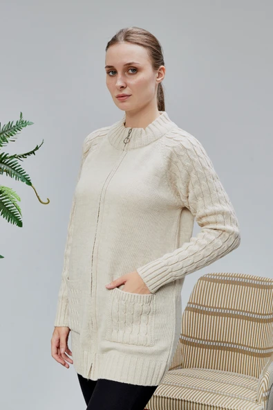 Lugmo Kadın Triko Hırka Fermuarlı Cepli Standart Beden Ten Rengi - Resim 4