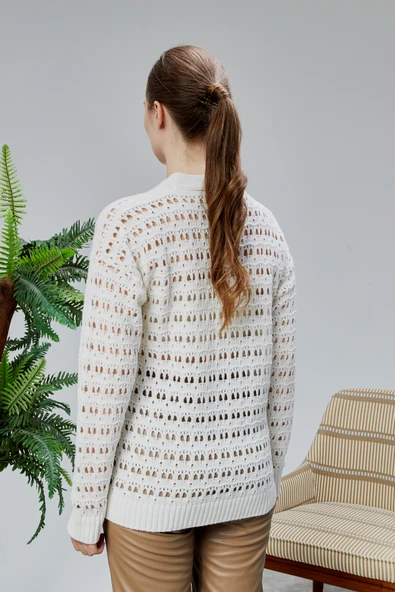 Lugmo Kadın Triko Hırka Çiçek Nakışlı Delikli Standart Beden Ekru - Resim 4