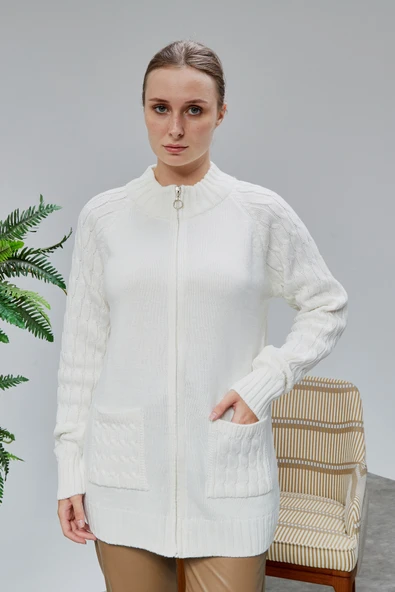 Lugmo Kadın Triko Hırka Fermuarlı Cepli Standart Beden Ekru - Resim 2