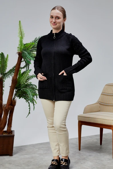 Lugmo Kadın Triko Hırka Fermuarlı Cepli Standart Beden Siyah - 6