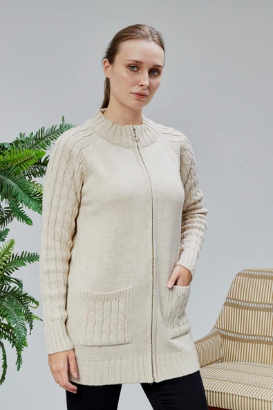 Lugmo Kadın Triko Hırka Fermuarlı Cepli Standart Beden Ten Rengi ürün görseli 1