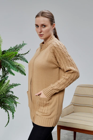 Lugmo Kadın Triko Hırka Fermuarlı Cepli Standart Beden Vizon - Resim 3