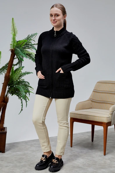 Lugmo Kadın Triko Hırka Fermuarlı Cepli Standart Beden Siyah - 4