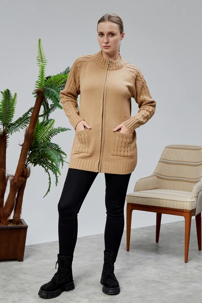 Lugmo Kadın Triko Hırka Fermuarlı Cepli Standart Beden Vizon - Resim 5