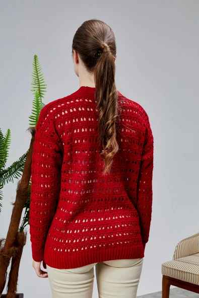 Lugmo Kadın Triko Hırka Çiçek Nakışlı Delikli Standart Beden Kırmızı - 6