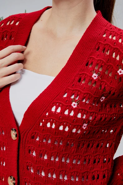 Lugmo Kadın Triko Hırka Çiçek Nakışlı Delikli Standart Beden Kırmızı - 7