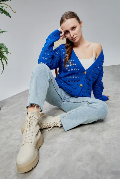 Lugmo Kadın Triko Hırka Çiçek Nakışlı Delikli Standart Beden Saks Mavi - Resim 7