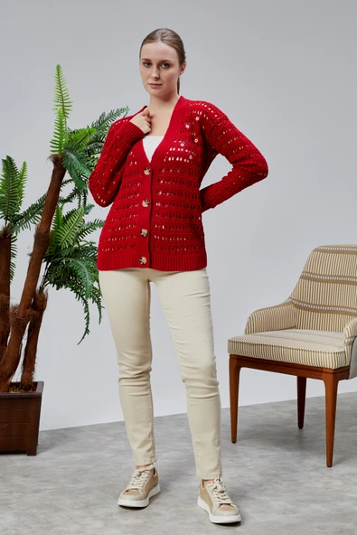 Lugmo Kadın Triko Hırka Çiçek Nakışlı Delikli Standart Beden Kırmızı - 5