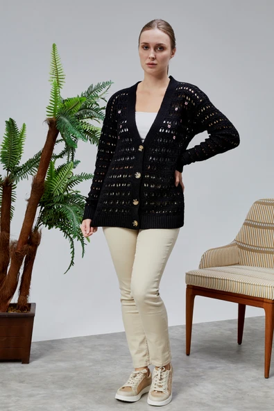 Lugmo Kadın Triko Hırka Çiçek Nakışlı Delikli Standart Beden Siyah - Resim 18