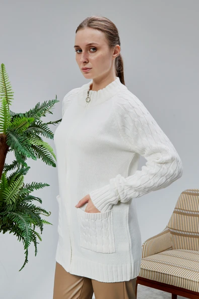 Lugmo Kadın Triko Hırka Fermuarlı Cepli Standart Beden Ekru - Resim 6