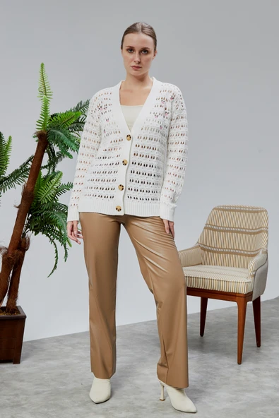 Lugmo Kadın Triko Hırka Çiçek Nakışlı Delikli Standart Beden Ekru - Resim 7