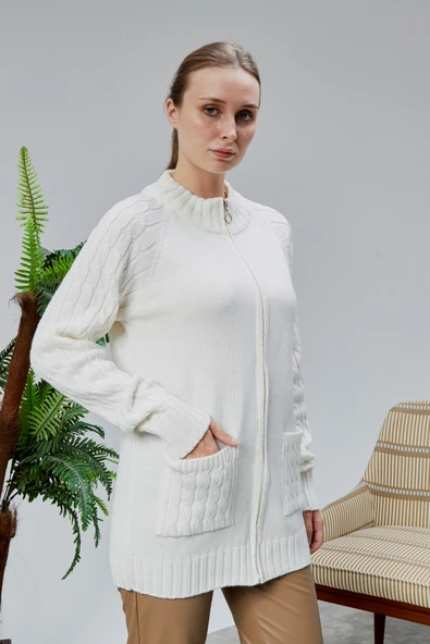 Lugmo Kadın Triko Hırka Fermuarlı Cepli Standart Beden Ekru - Resim 3