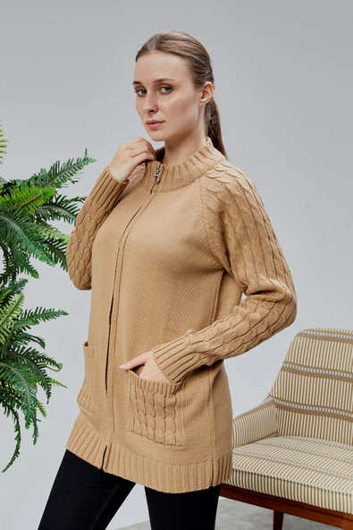 Lugmo Kadın Triko Hırka Fermuarlı Cepli Standart Beden Vizon - Resim 4