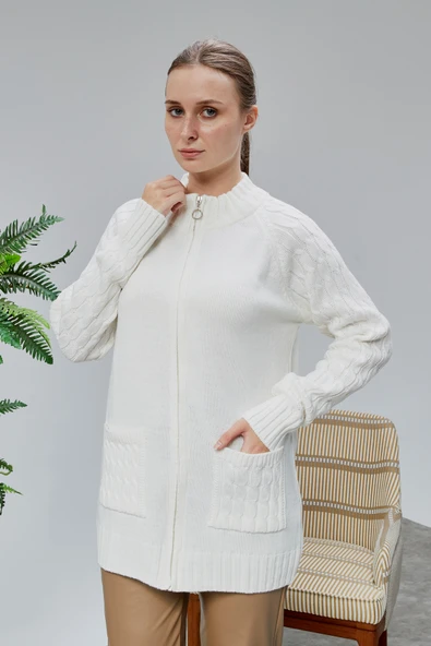 Lugmo Kadın Triko Hırka Fermuarlı Cepli Standart Beden Ekru - Resim 13