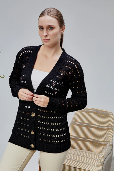 Lugmo Kadın Triko Hırka Çiçek Nakışlı Delikli Standart Beden Siyah - Resim 16