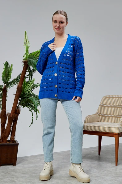 Lugmo Kadın Triko Hırka Çiçek Nakışlı Delikli Standart Beden Saks Mavi - Resim 16