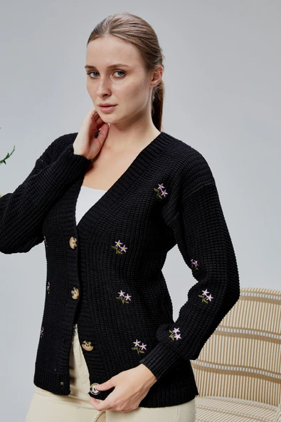 Lugmo Kadın Triko Hırka Çiçek Nakışlı Standart Beden Siyah - Resim 6